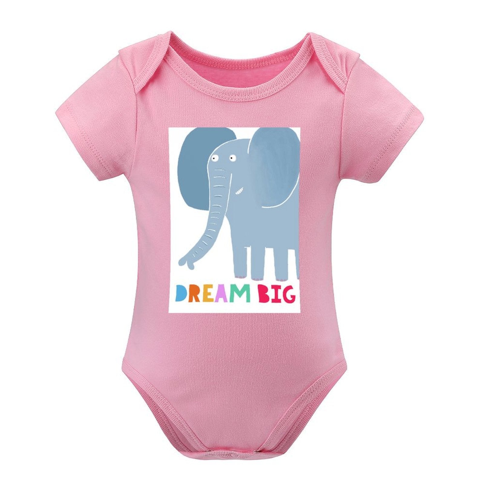 Pink baby bodysuit with blue elephant and Dream Big design, MyArtsyGift clothing, soft cotton.
