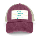 Customizable cotton baseball cap with 'YOUR DESIGN HERE' text, burgundy color, breathable mesh back for personalized design