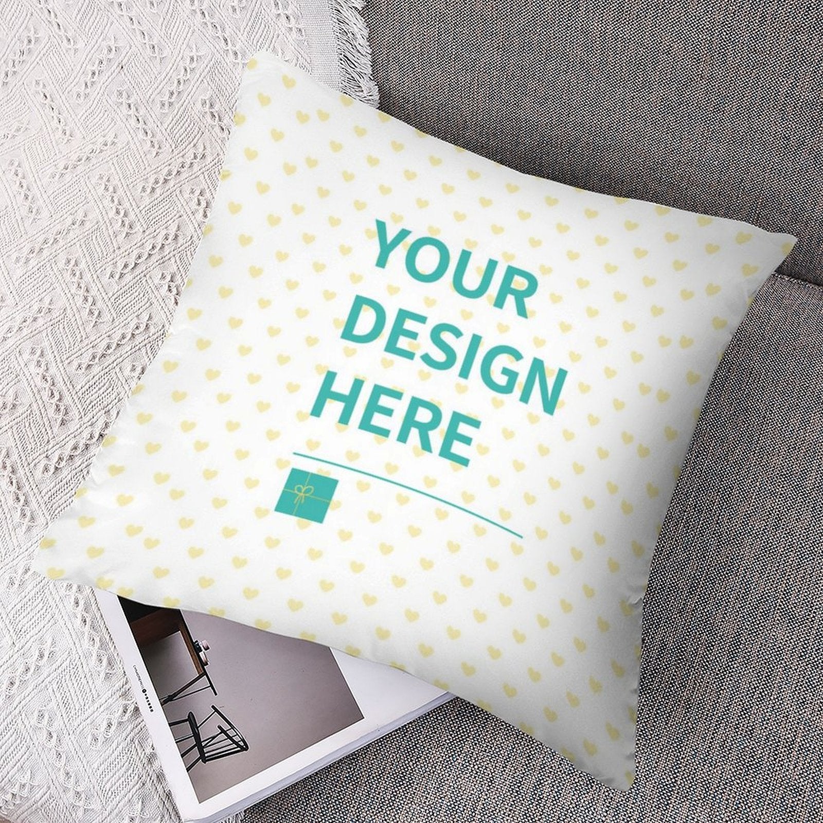 Customizable polyester pillowcase with 'YOUR DESIGN HERE' text, yellow heart pattern, bedroom decor