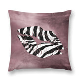 Plush throw pillow cover with zebra lips design, rose-colored background, luxury soft fluffy decorative pillow cover