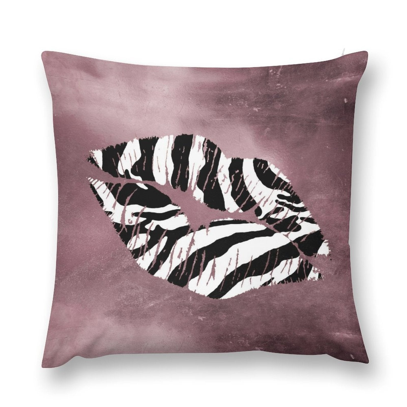 Zebra print lips on a pink plush pillow cover, soft and fluffy decorative cushion for sofa and living room.