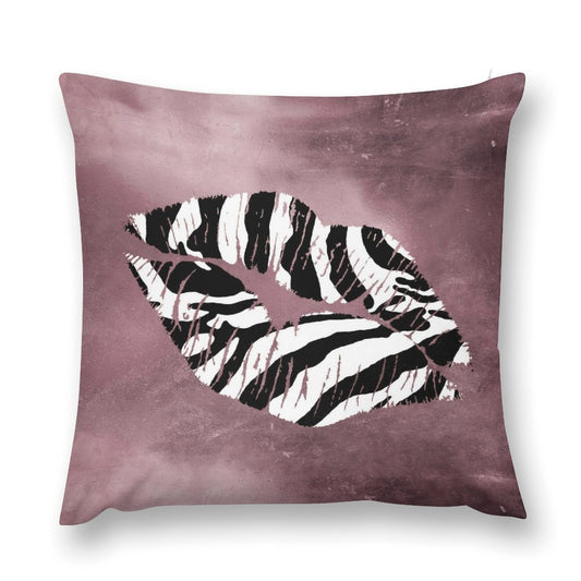 Zebra print lips on a pink plush pillow cover, soft and fluffy decorative cushion for sofa and living room.