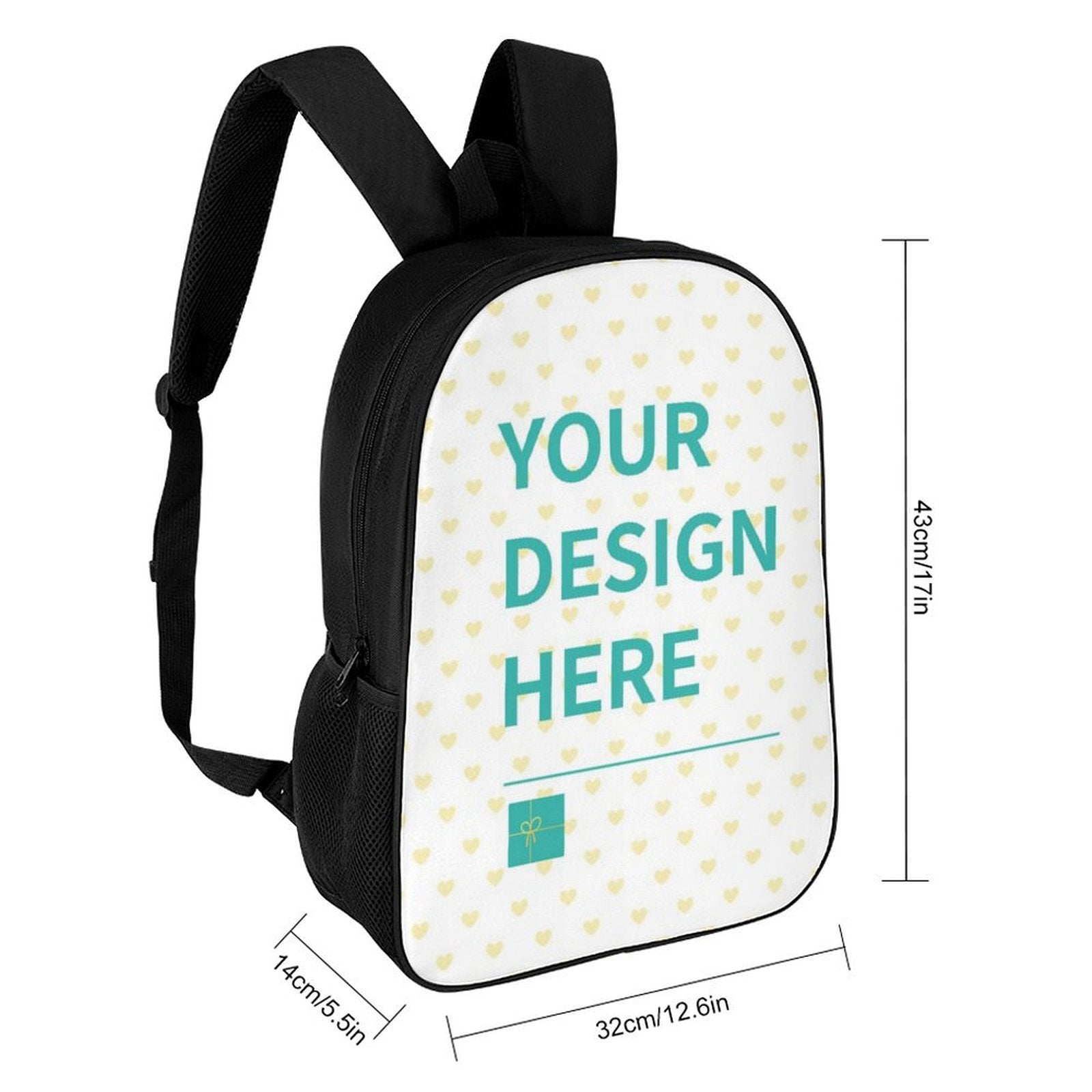 Customizable polyester backpack with "YOUR DESIGN HERE" text; perfect for travel, school or work.