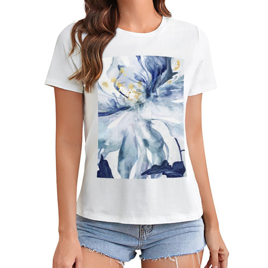 Women's white crewneck t-shirt with blue floral graphic print.