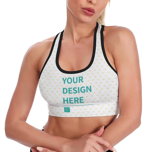 Personalized sports bra. White workout tank top with heart pattern and black trim. Custom clothing for women.