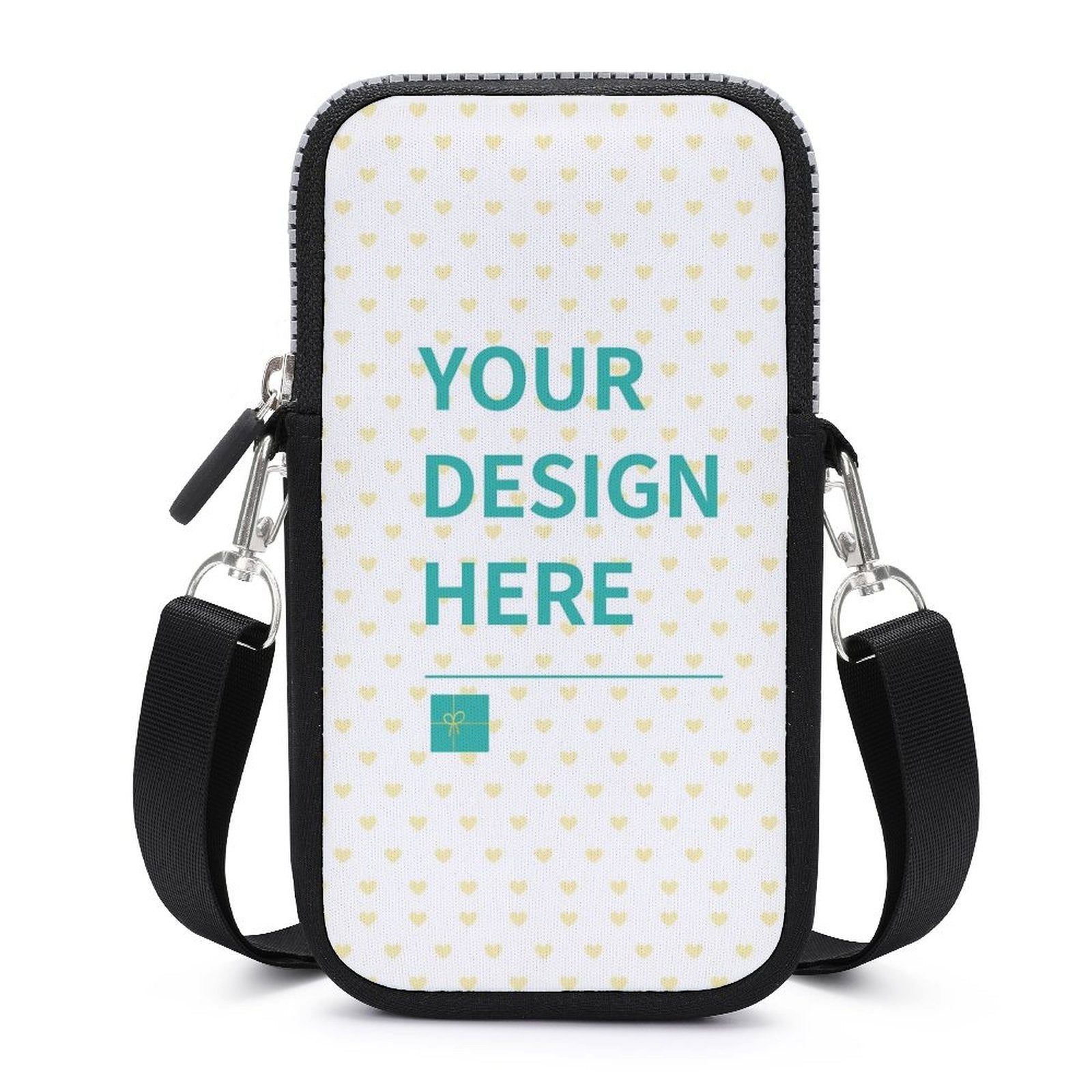 Customizable crossbody phone bag with "YOUR DESIGN HERE" on a white neoprene surface, mini shoulder bag, cell phone purse