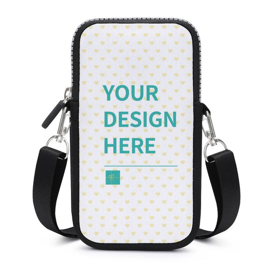 Customizable crossbody phone bag with "YOUR DESIGN HERE" on a white neoprene surface, mini shoulder bag, cell phone purse