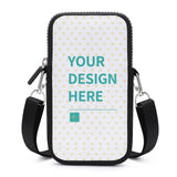 Customizable crossbody phone bag with "YOUR DESIGN HERE" on a white neoprene surface, mini shoulder bag, cell phone purse
