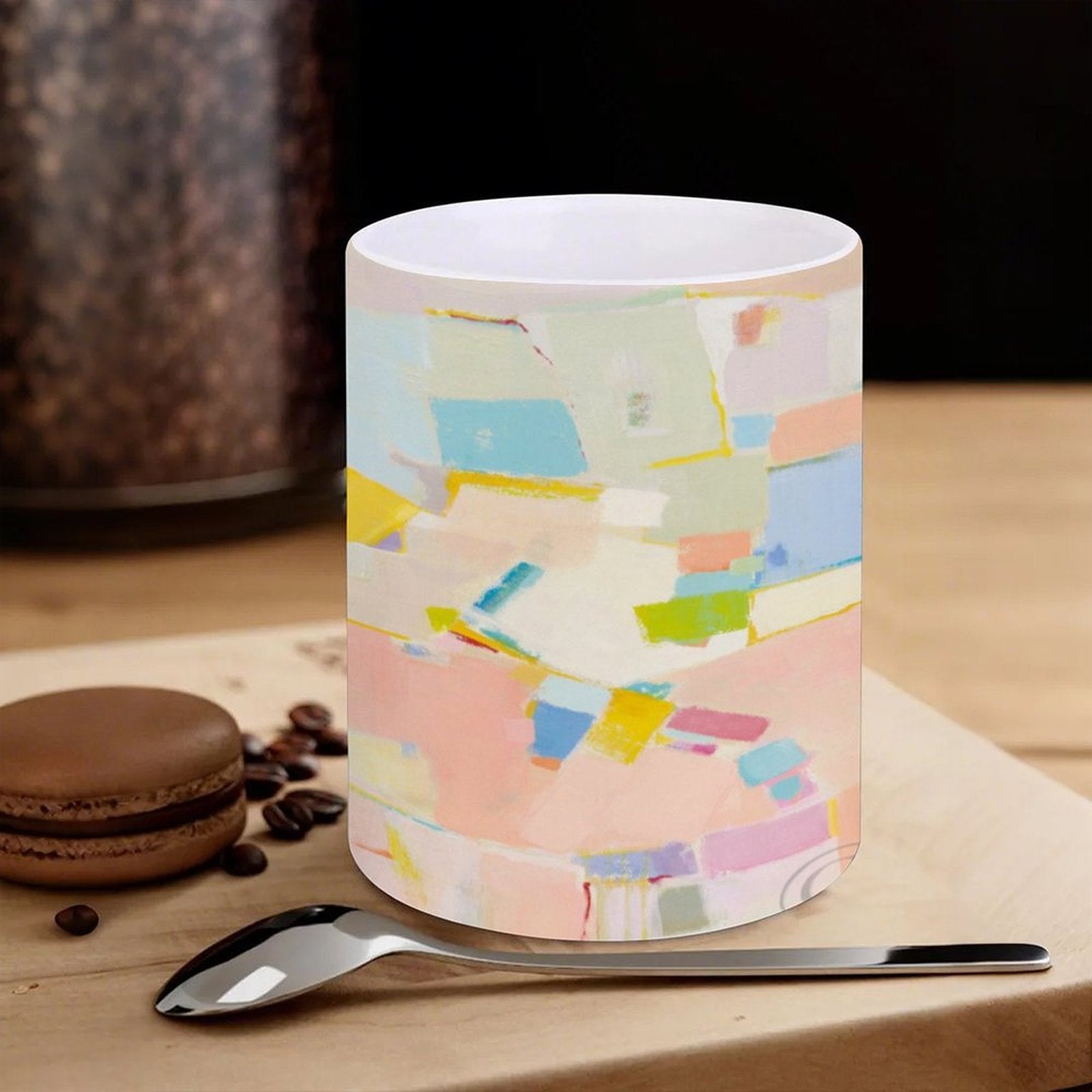 Customizable white ceramic mug with colorful abstract art design, perfect for home or office use, ideal gift.