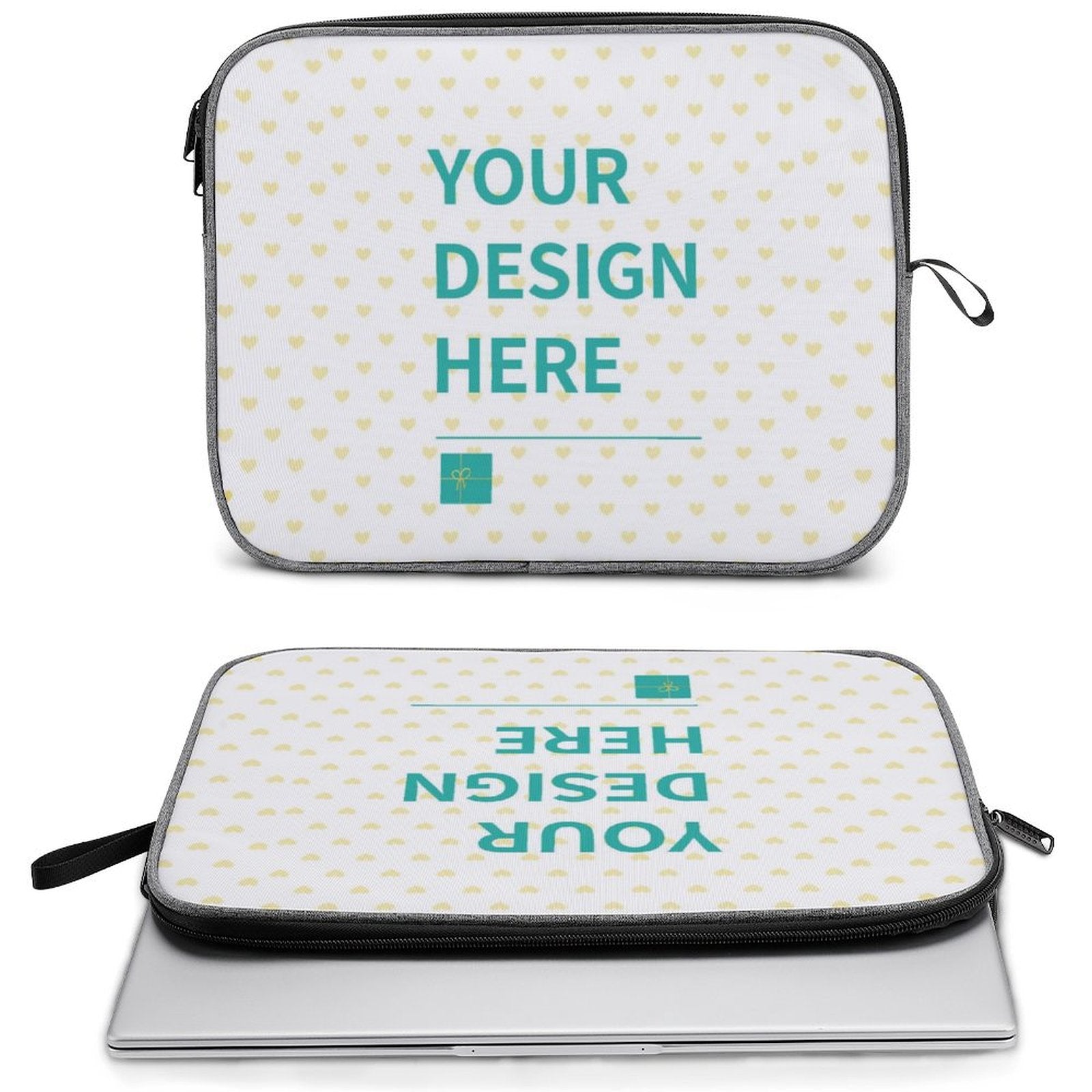 Custom laptop sleeve with snowflake fabric and 'YOUR DESIGN HERE' design, personalized laptop bag, computer case.