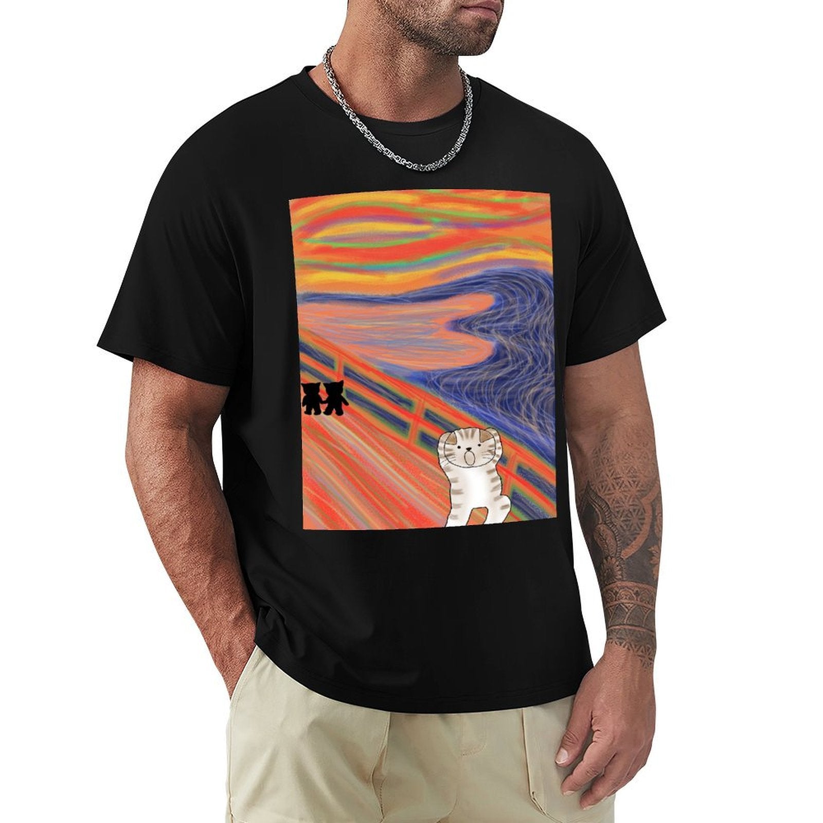 Men's black crew neck t-shirt featuring a cat-themed 'The Scream' print, a unique and artistic classic tee.