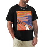 Men's black crew neck t-shirt featuring a cat-themed 'The Scream' print, a unique and artistic classic tee.