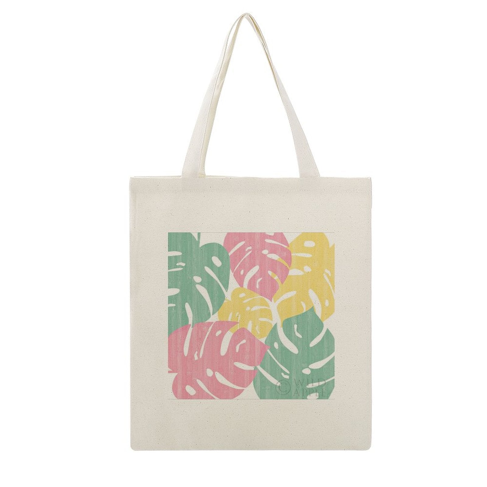 Personalized Canvas Tote Bag with colorful Monstera leaf pattern, made of cotton, perfect for shopping.