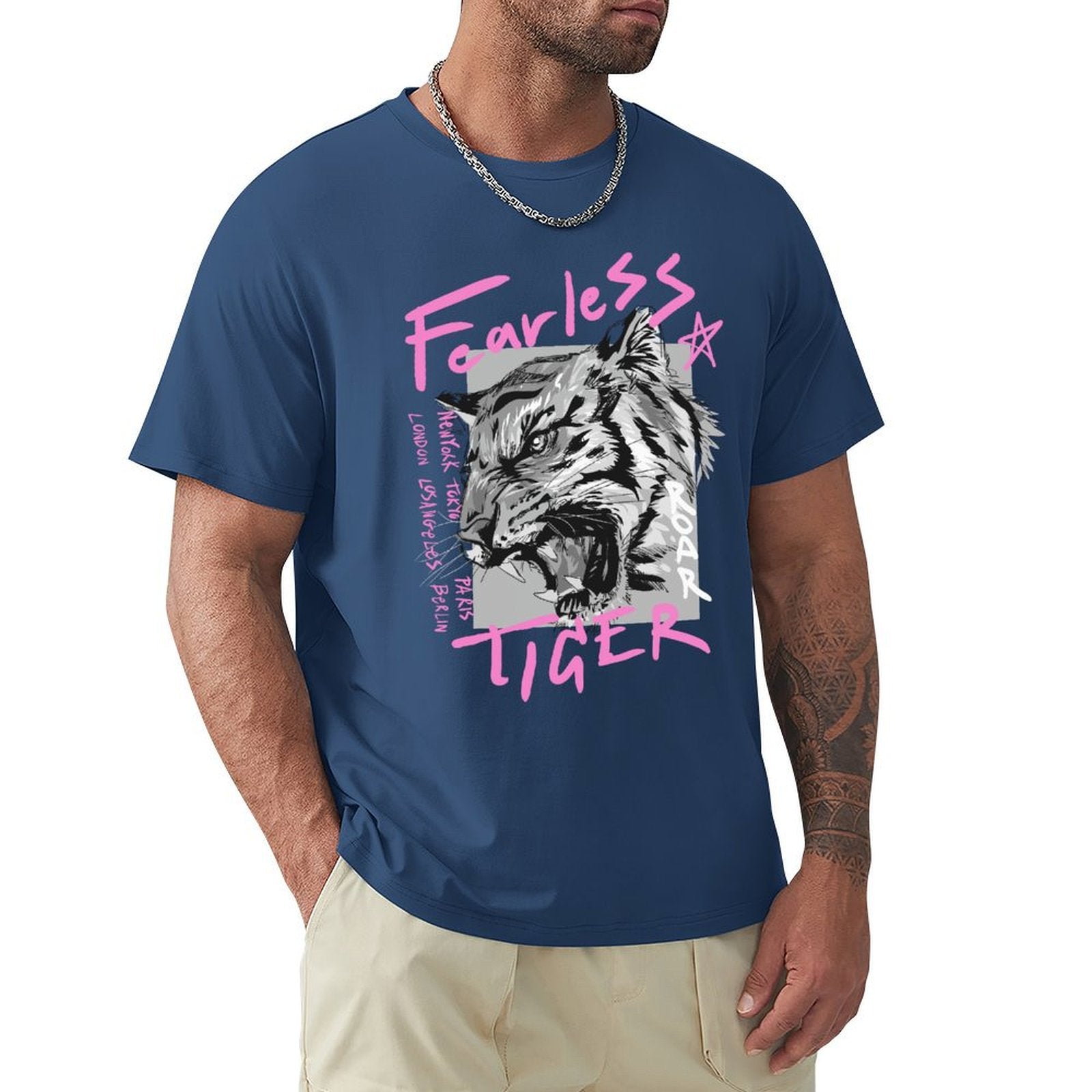 Men's blue Fearless Tiger t-shirt, crew neck tee, streetwear style, comfortable fit for men.