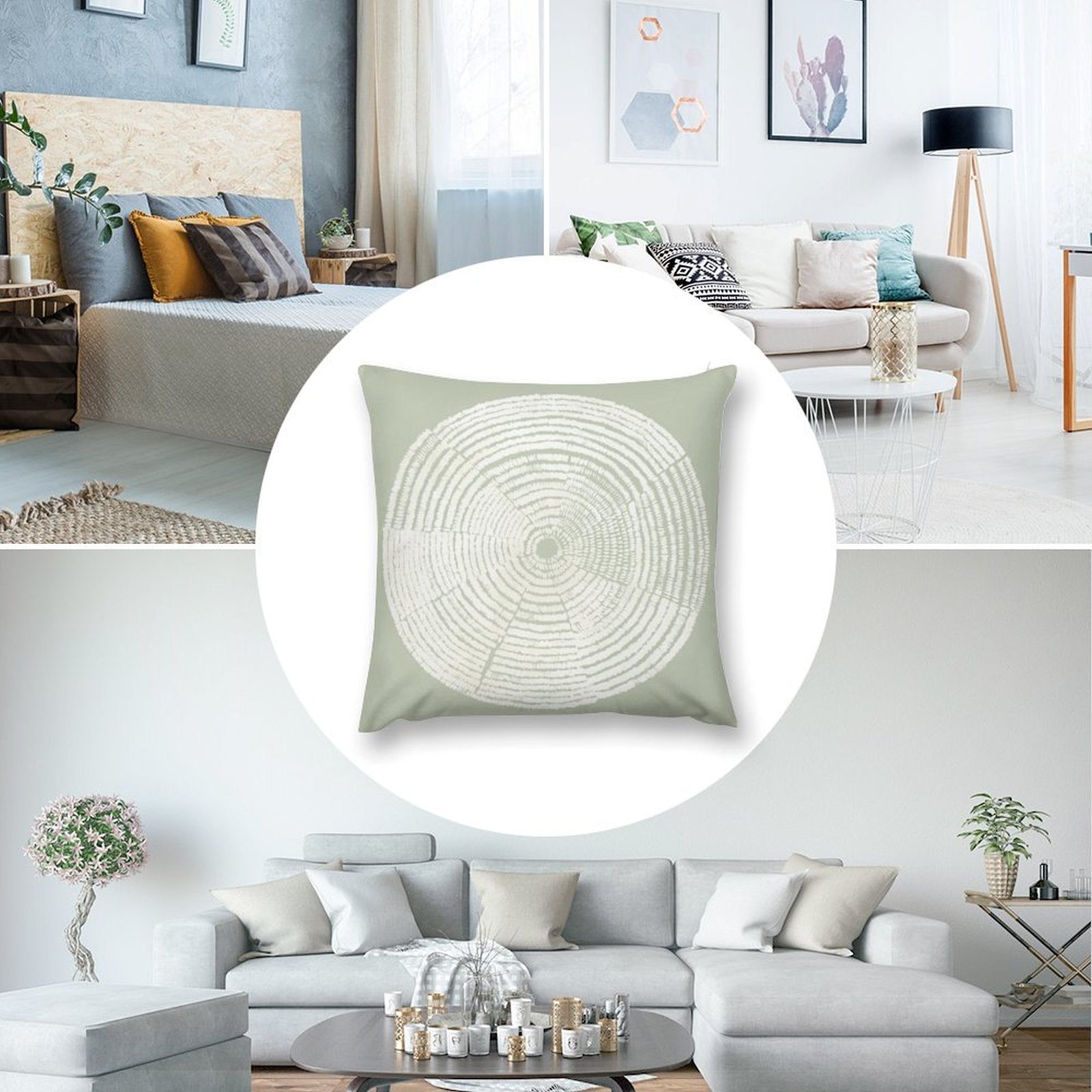 Sage green throw pillow cover with white tree ring design. Short plush material, home decor.