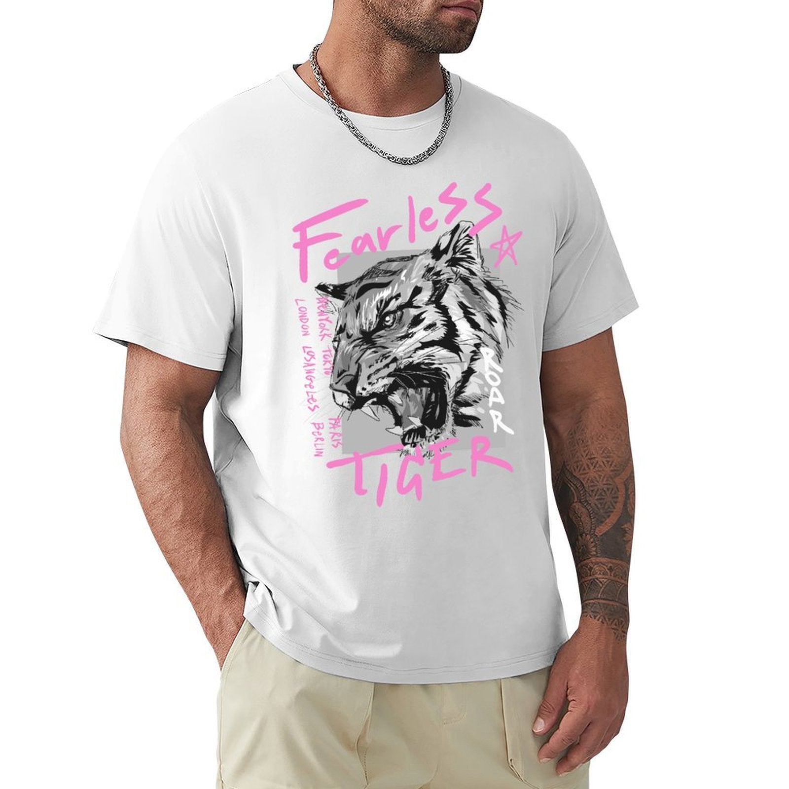 Men's white crew neck t-shirt with Fearless Tiger graphic. Comfortable cotton tee.