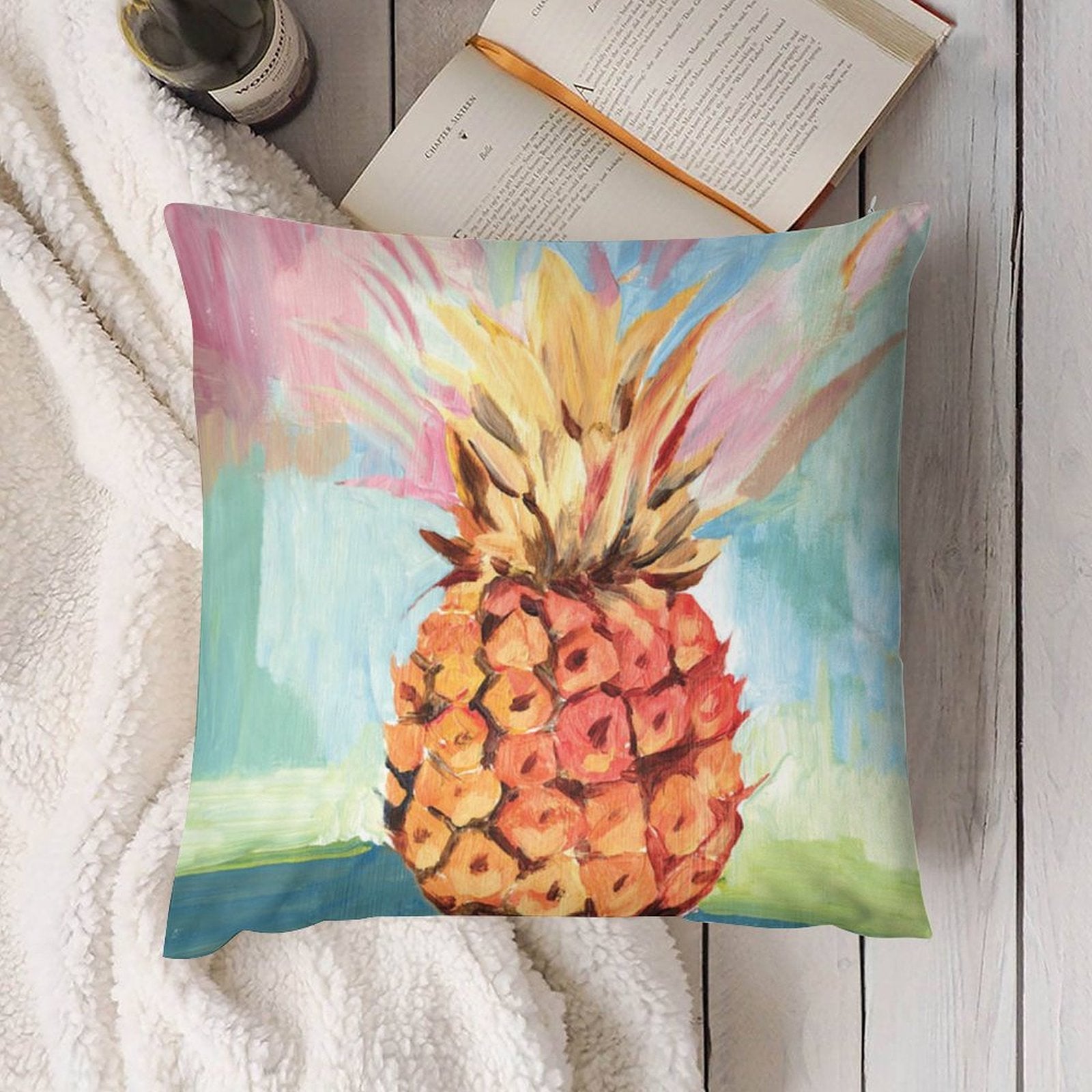 Plush throw pillow cover with painted pineapple design, sofa, couch, and living room decor.