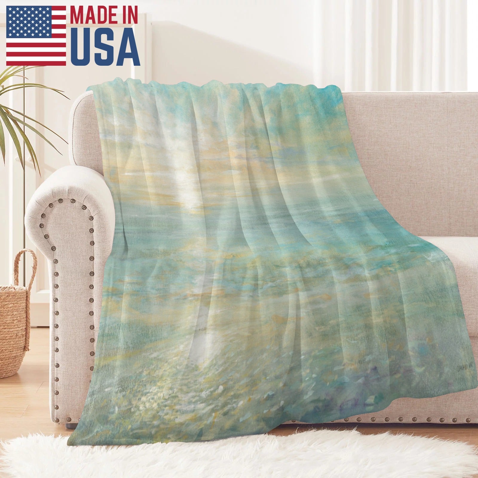Beach sunrise flannel blanket made in USA, soft polyester, artistic ocean scene