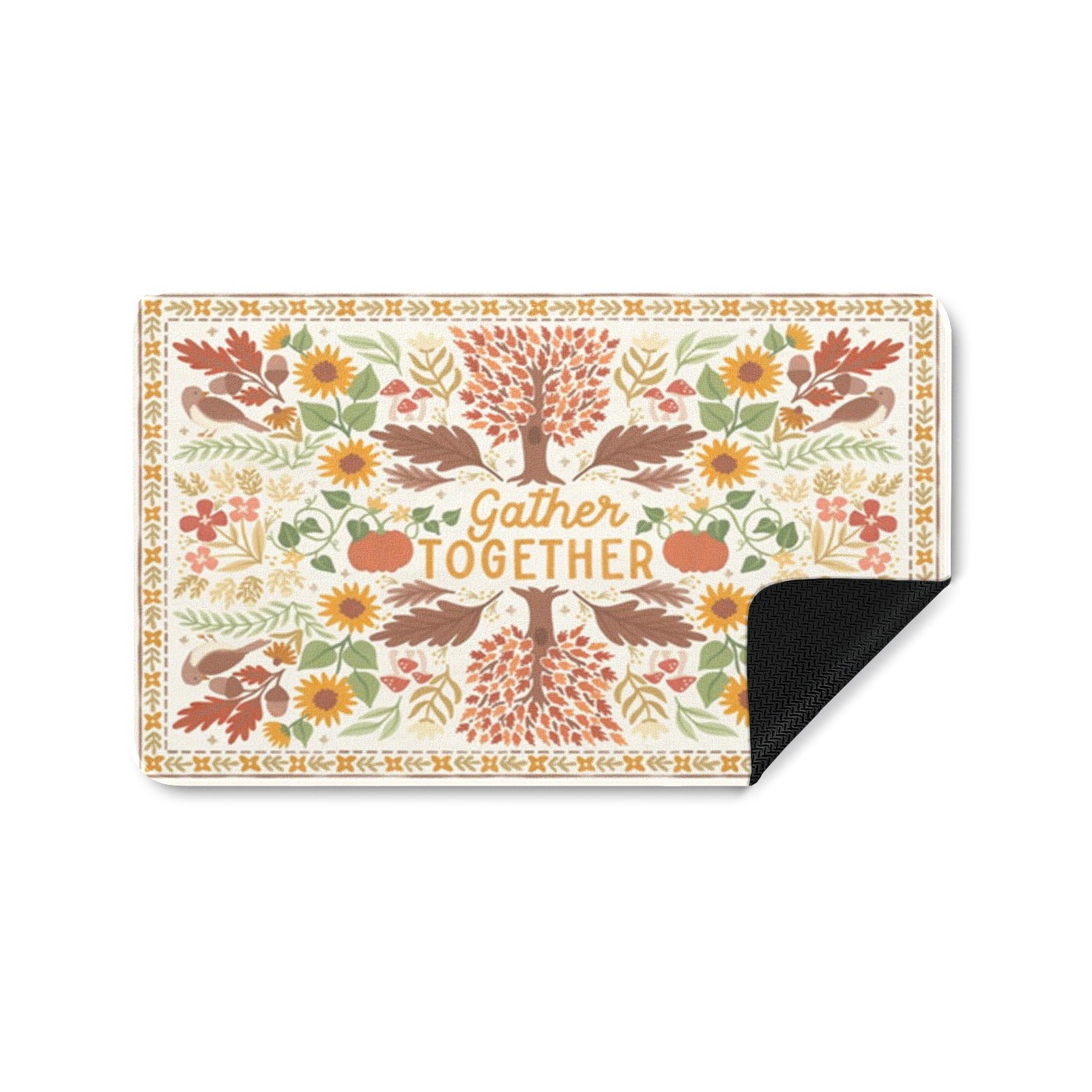 Autumn doormat featuring fall elements and the phrase 'Gather Together'; perfect for indoor and outdoor use.