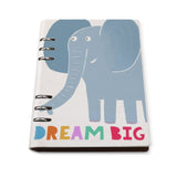 A5 PU leather loose-leaf notebook with cartoon elephant design and "DREAM BIG" text.