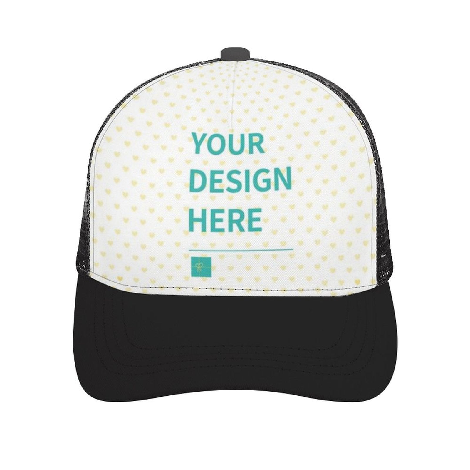 Customizable black and white trucker hat with heart pattern and 'YOUR DESIGN HERE' text
