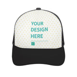 Customizable black and white trucker hat with heart pattern and 'YOUR DESIGN HERE' text