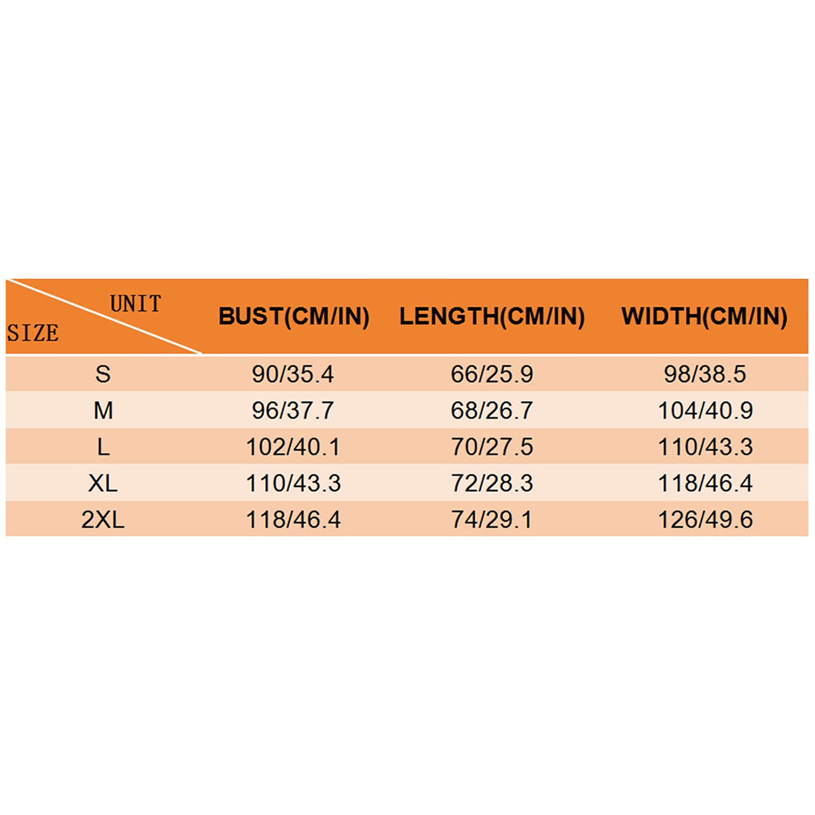 T-shirt size chart with bust, length, and width measurements in CM/IN for sizes S-2XL, perfect for custom t-shirts