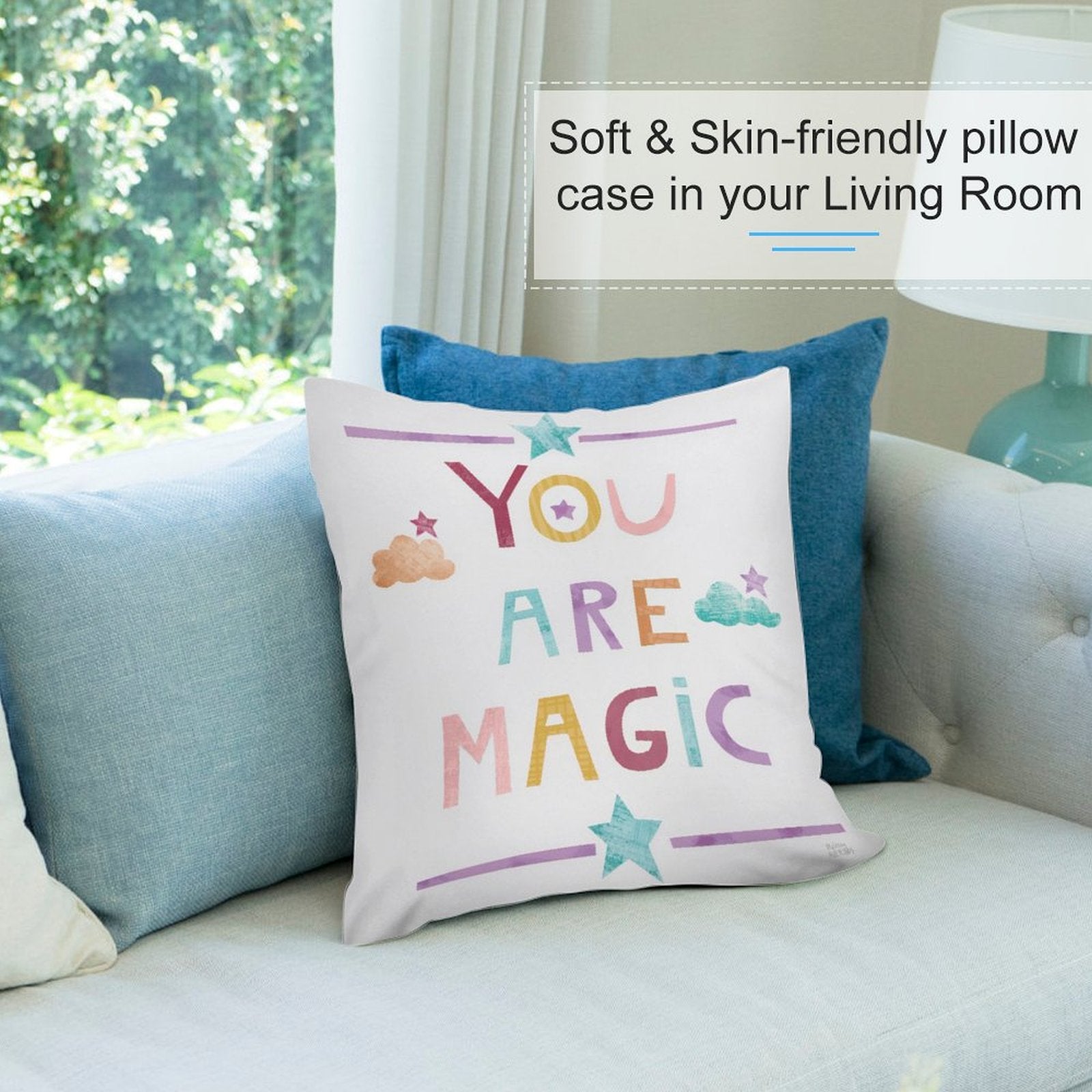 MyArtsyGift 'YOU ARE MAGIC' plush pillow cover on a sofa. Soft, fluffy, and perfect for living room decor
