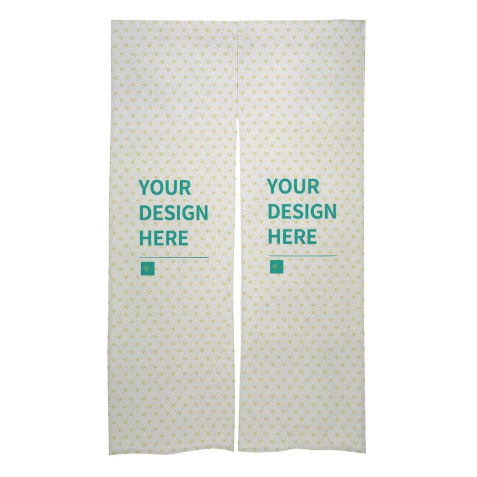 Custom door curtain with 'Your Design Here' text on white linen fabric with yellow hearts