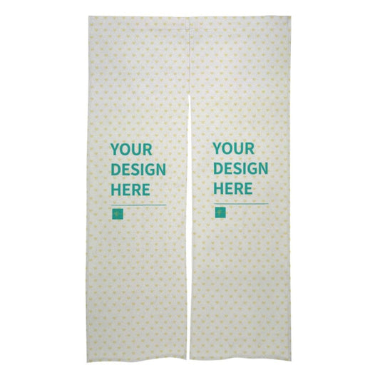 Custom door curtain with 'Your Design Here' text on white linen fabric with yellow hearts