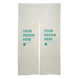 Custom door curtain with 'Your Design Here' text on white linen fabric with yellow hearts
