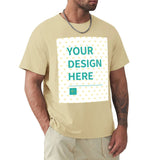 Men's sand-colored short sleeve tee with 'YOUR DESIGN HERE' design area, MyArtsyGift. Classic comfortable cotton shirt.