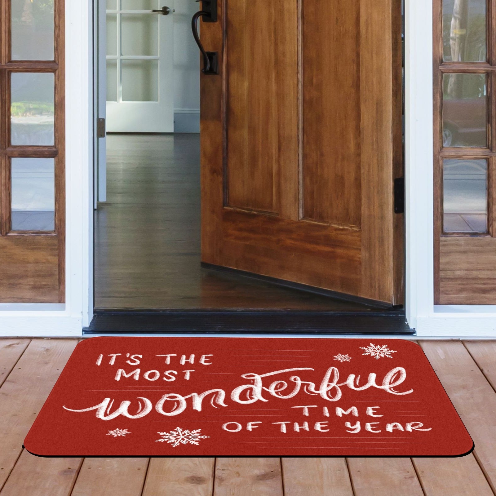 Red rubber doormat with "It's the Most Wonderful Time of the Year" message for entrance decor