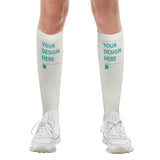 Customizable mid-calf socks with YOUR DESIGN HERE text and heart pattern, perfect gift.