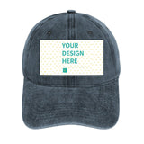 Custom denim baseball cap with 'YOUR DESIGN HERE' text, perfect for personalized gifts, trucker hat