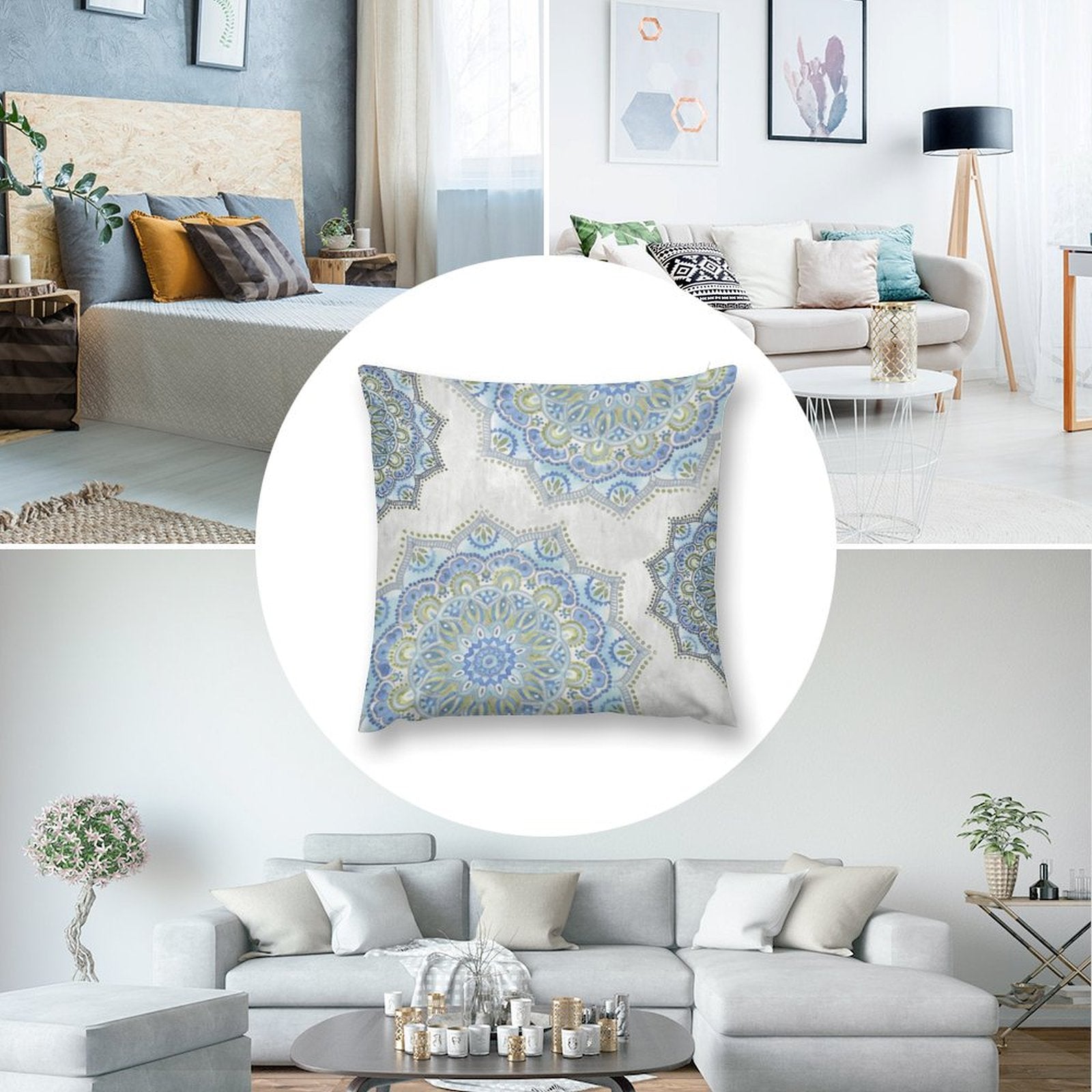 Blue and green mandala plush throw pillow cover, soft and decorative for sofa, couch, and living room.