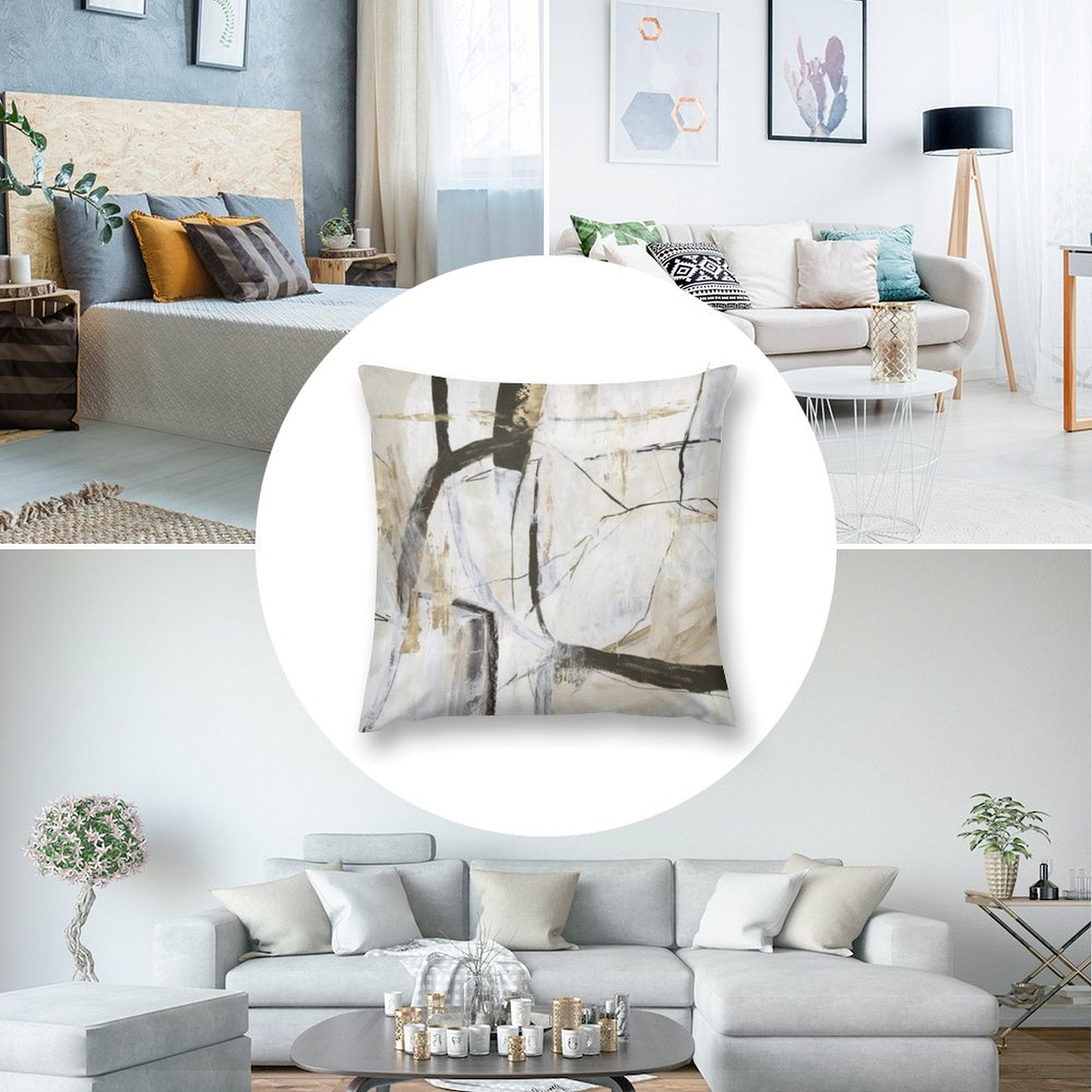 Abstract art plush pillow cover on a sofa. Soft, fluffy, and stylish decorative pillow for the living room or bedroom.
