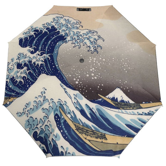 Automatic open/close umbrella with "Great Wave off Kanagawa" design, windproof, ideal gift for travel and family.