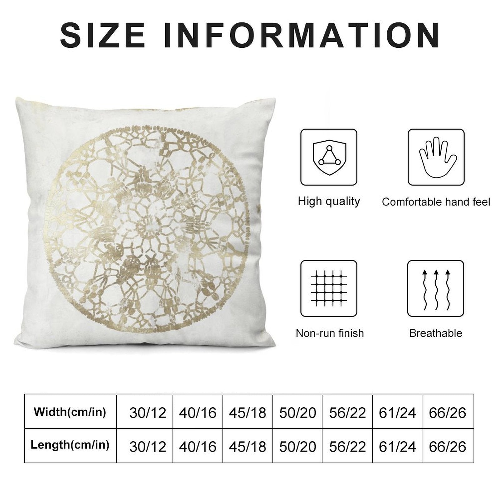 Plush pillow cover with gold lace design, featuring size info and quality icons for sofa and couch.