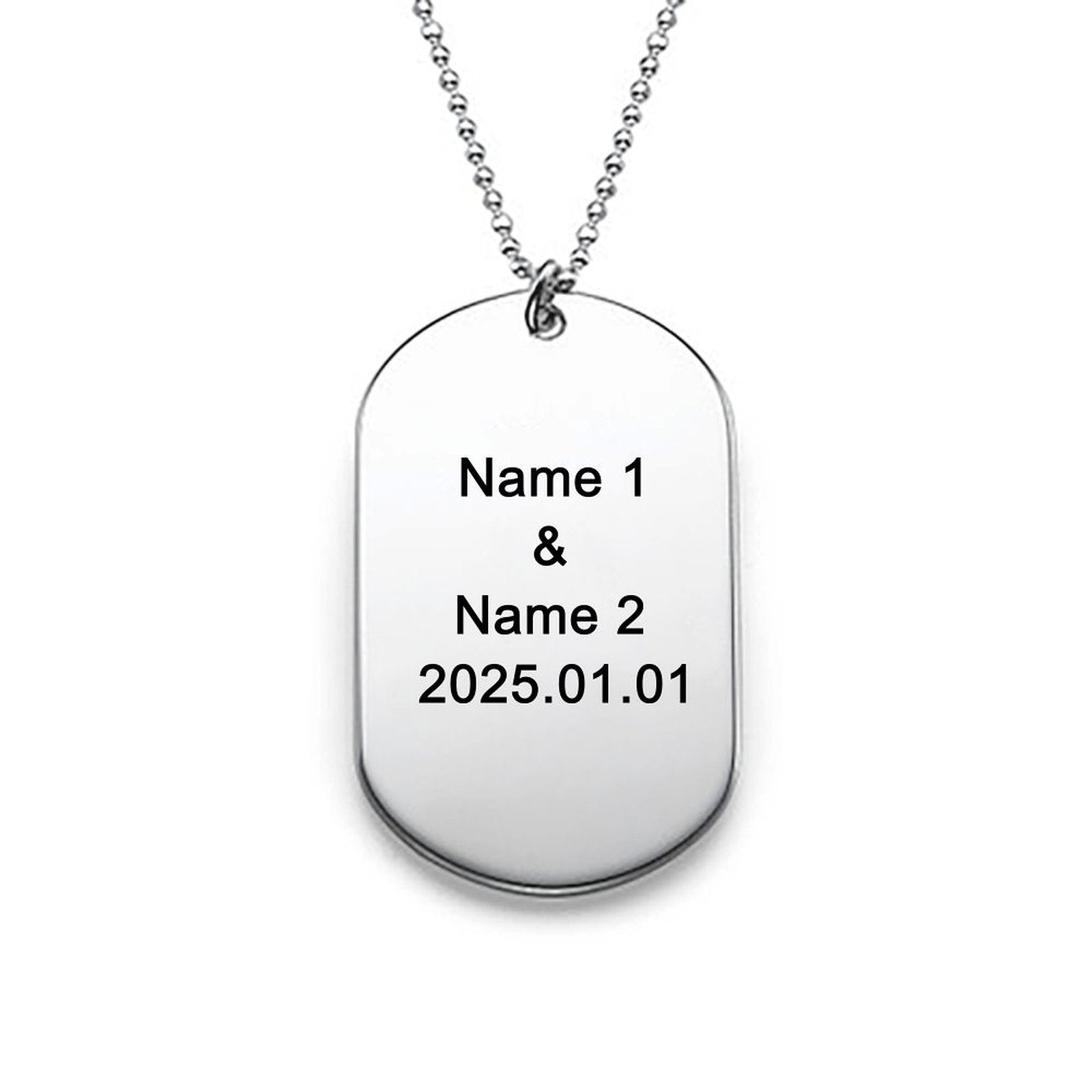 Custom silver dog tag necklace engraved with Name 1 & Name 2 and date, personalized gift for men and women
