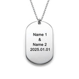 Custom silver dog tag necklace engraved with Name 1 & Name 2 and date, personalized gift for men and women