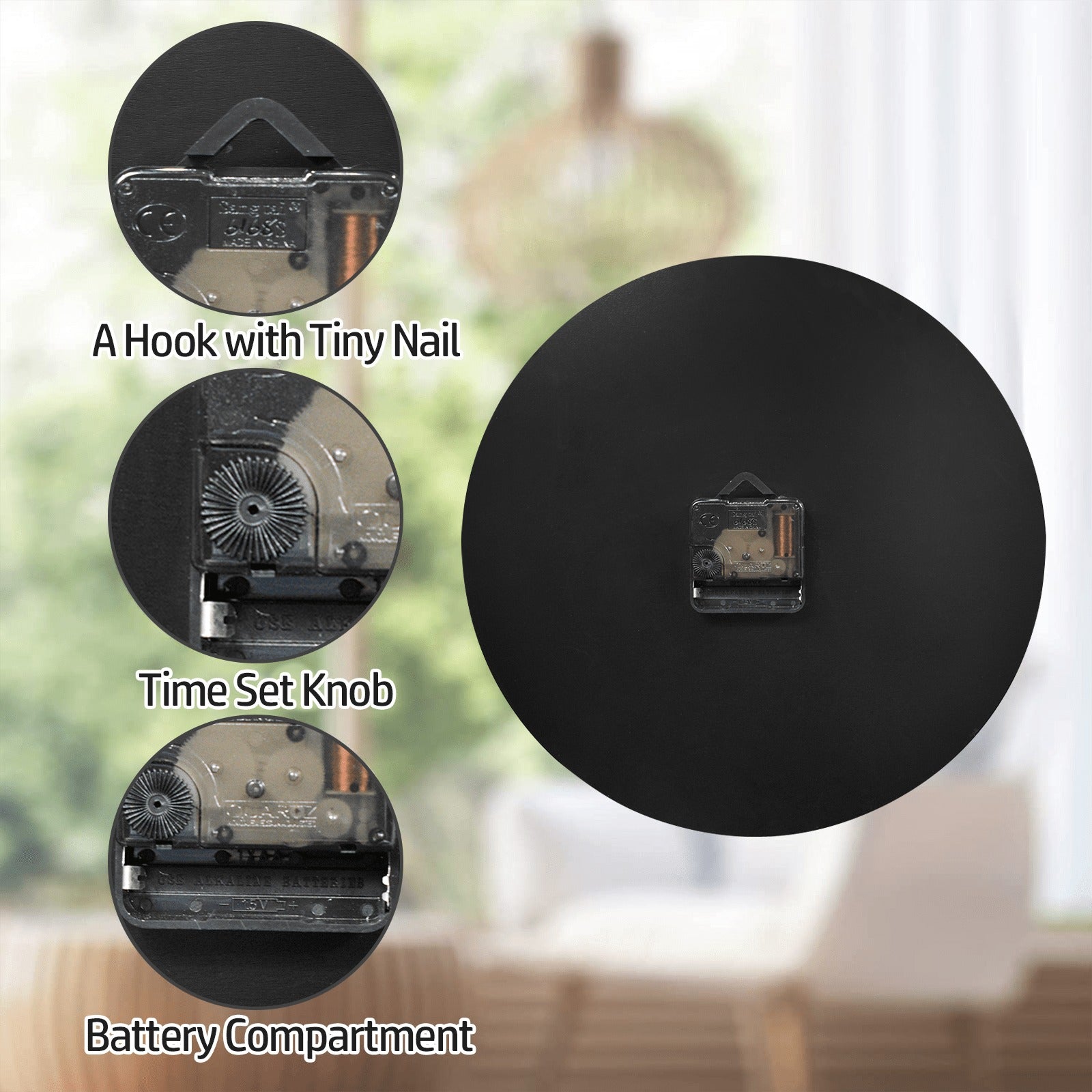 Back of Modern MDF wall clock with hook, time set knob and battery compartment for easy use
