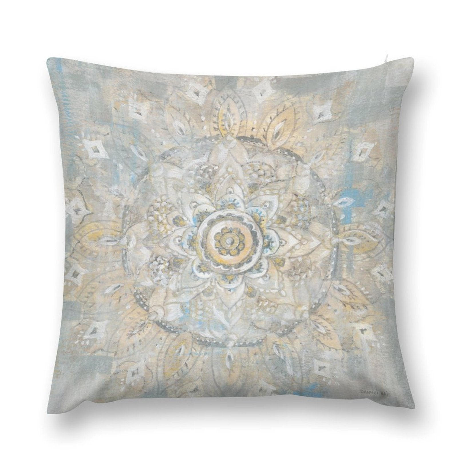 Soft plush pillow cover with mandala design in gray, beige, and yellow. Decorative pillow for sofa, couch, or living room.