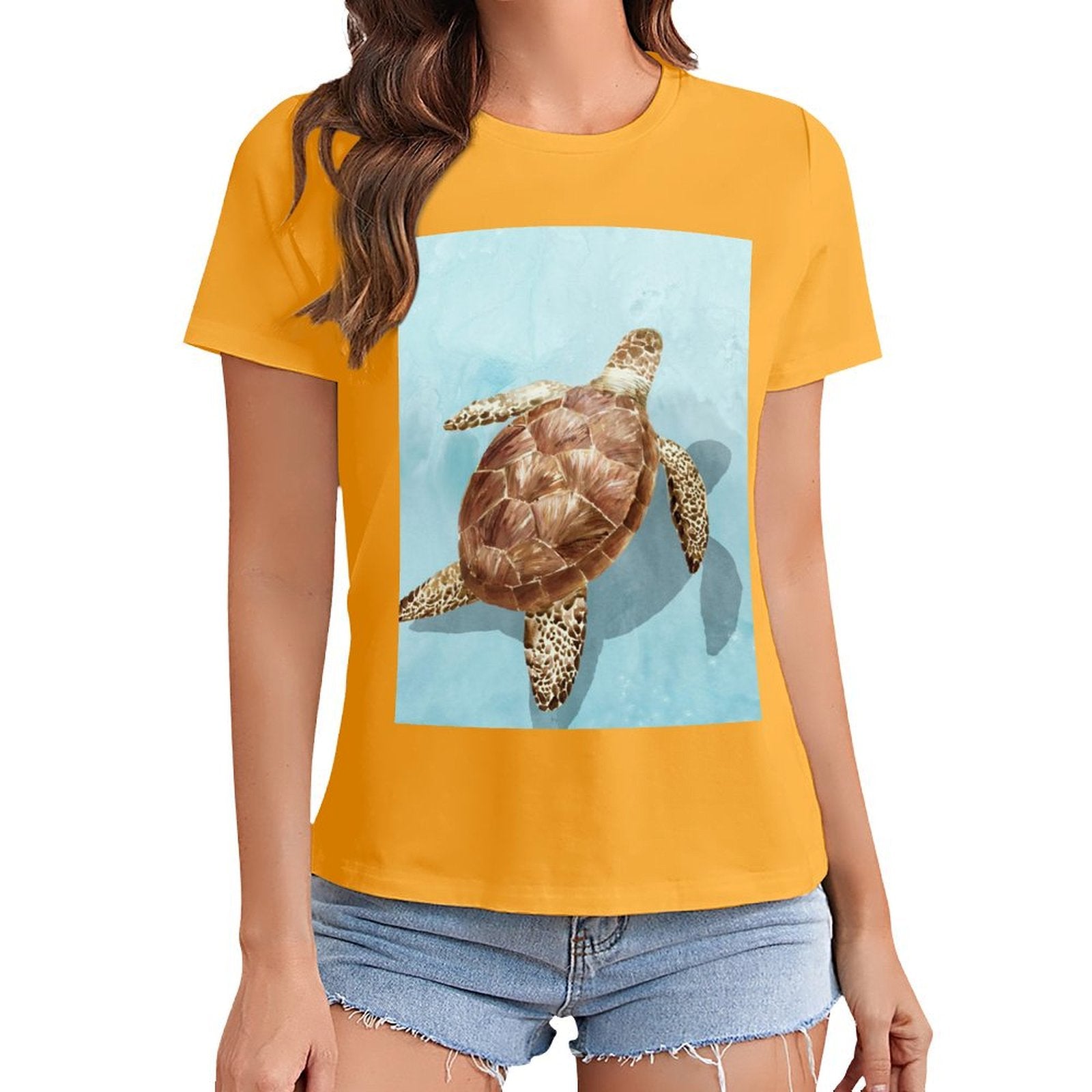 Mustard yellow sea turtle graphic t-shirt for women, MyArtsyGift.com, summer fashion, short sleeve crewneck