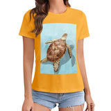 Mustard yellow sea turtle graphic t-shirt for women, MyArtsyGift.com, summer fashion, short sleeve crewneck