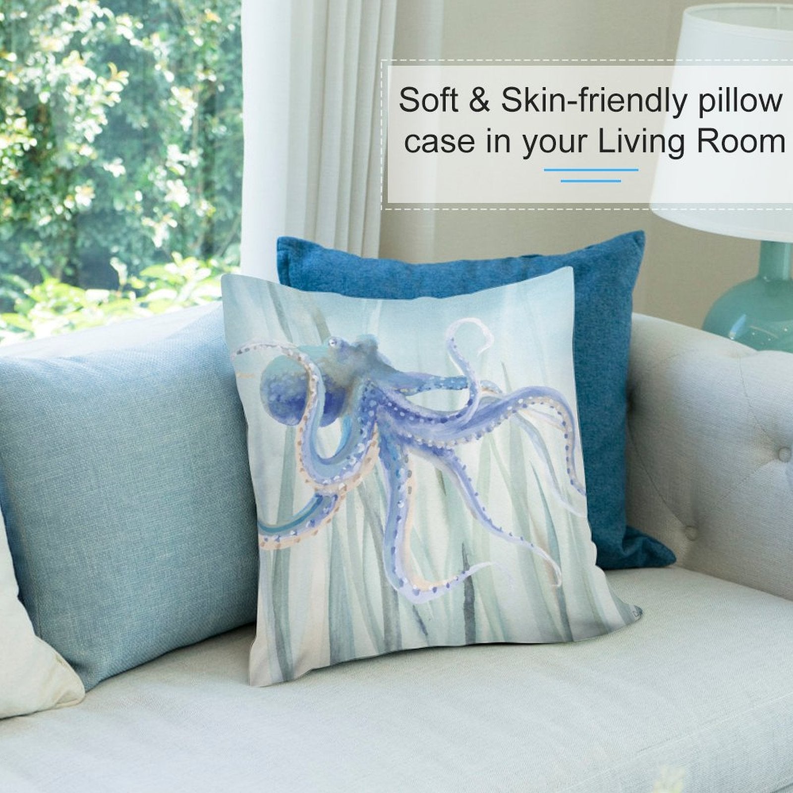 Blue octopus pillow cover, soft plush, living room decor. Watercolor octopus design with soft, skin-friendly material