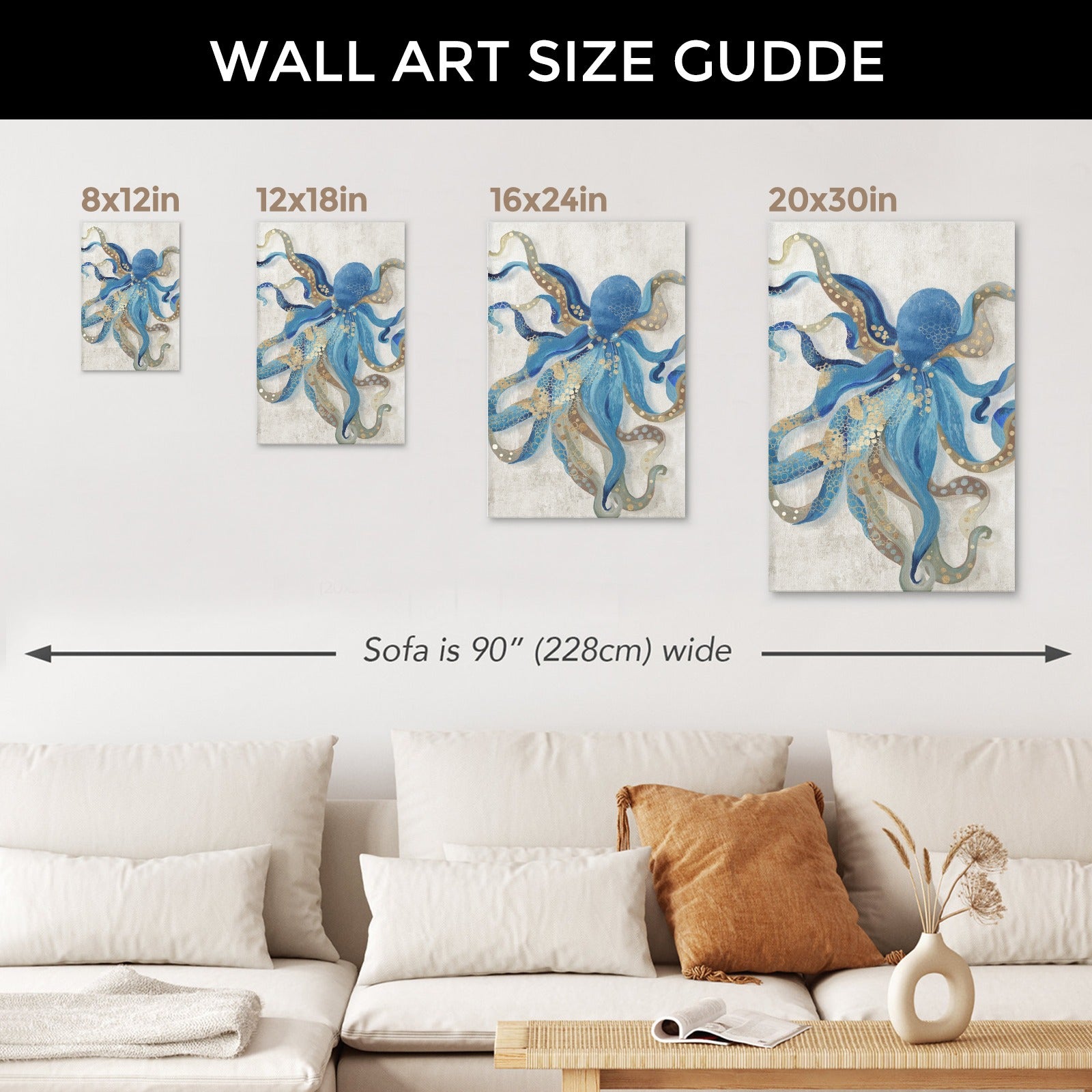 Octopus wall art size guide: blue and gold canvas prints for living room decor in multiple sizes, modern art