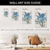 Octopus wall art size guide: blue and gold canvas prints for living room decor in multiple sizes, modern art