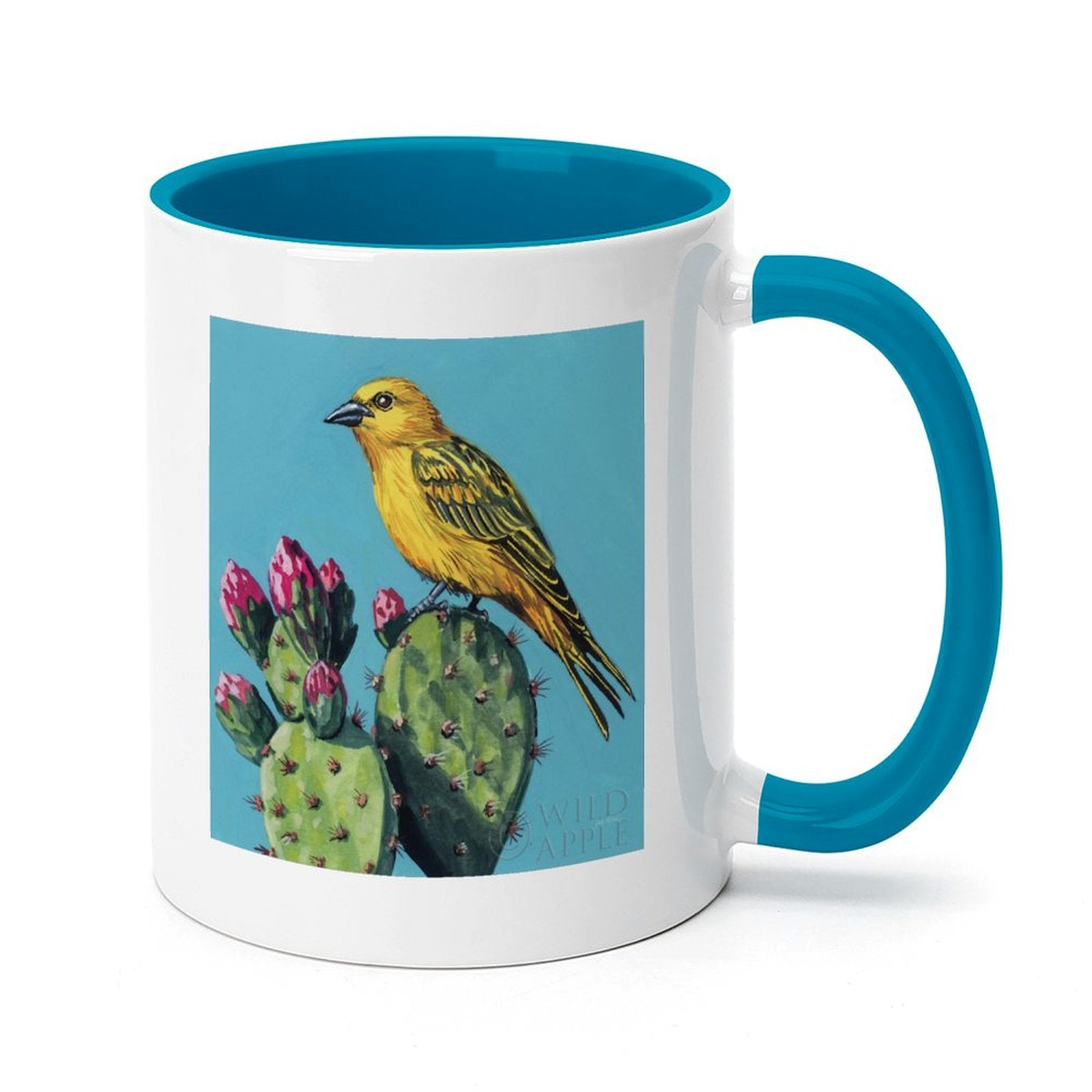 MyArtsyGift ceramic mug with yellow bird and cacti bloom design, blue interior and handle, WILD APPLE art.