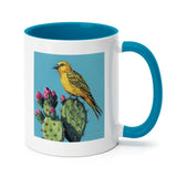 MyArtsyGift ceramic mug with yellow bird and cacti bloom design, blue interior and handle, WILD APPLE art.